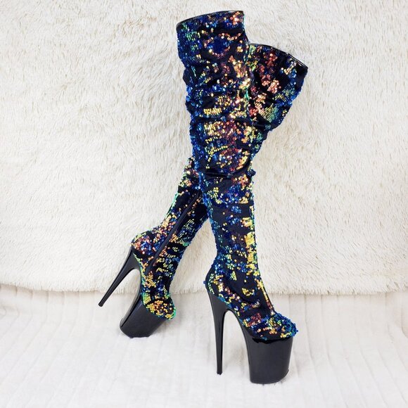 Sequin Platform 8" Heels Thigh High Slouch Boots Flamingo 3004 - Picture 2 of 16
